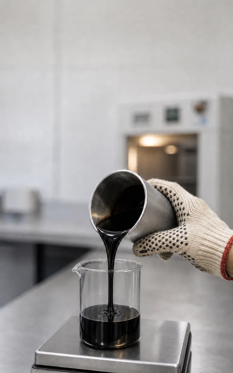 Amostra de ligante asfáltico em ambiente de laboratório