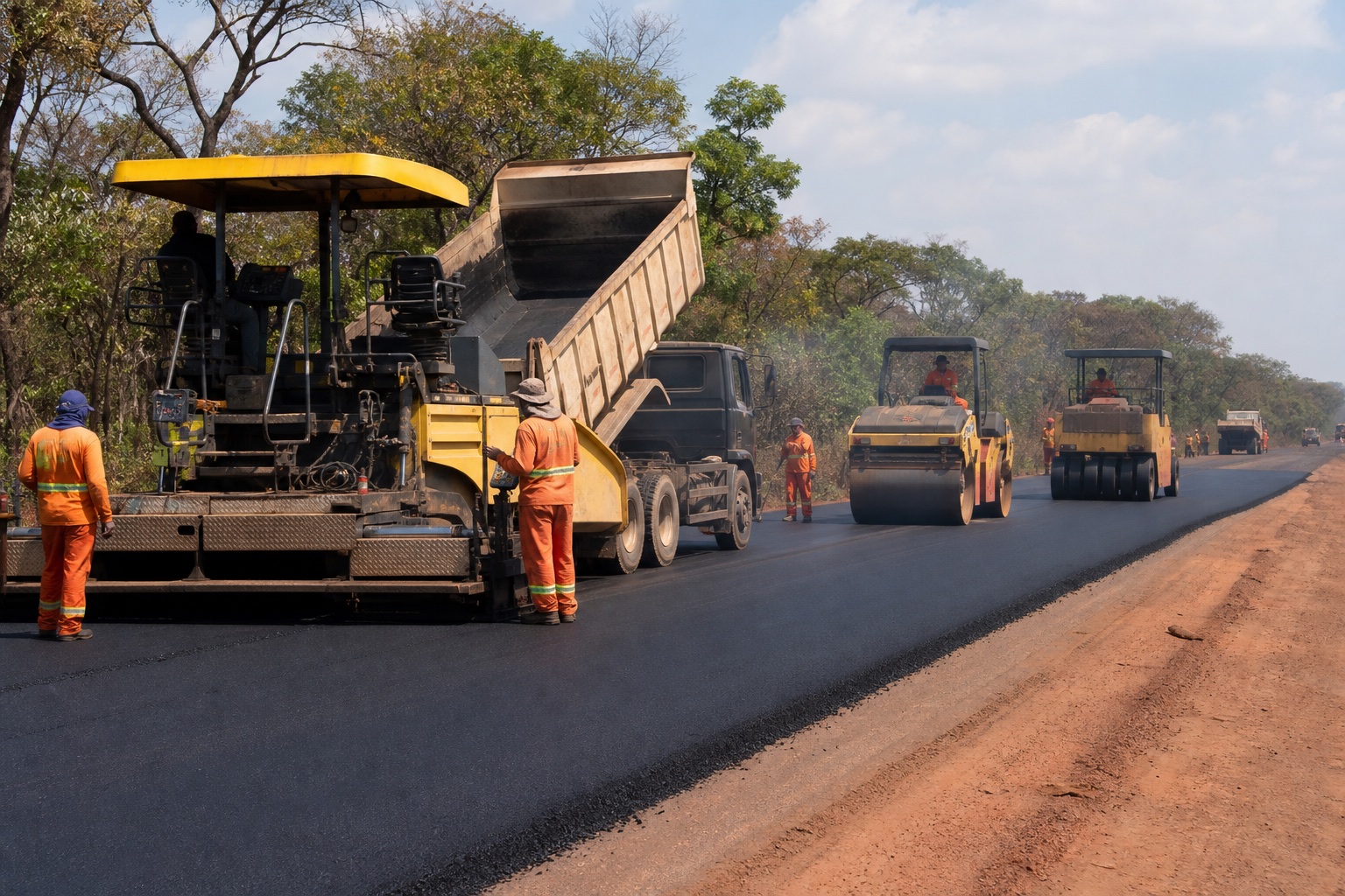 Acabadora, caminhões e rolos compactadores trabalhando em uma rodovia