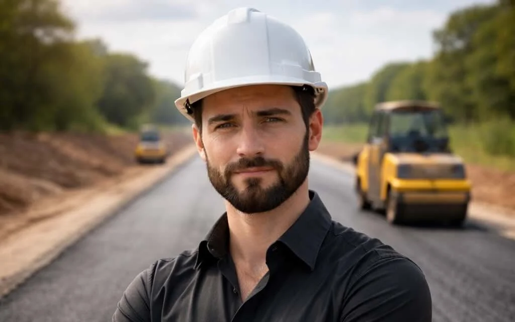 Engenheiro civil acompanhando uma frente de pavimentação asfáltica