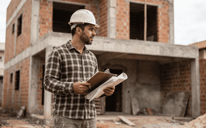 Profissional da construção civil acompanhando uma obra de edificação